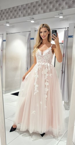 Sukienka długa tiul ramiączka koronka róż/biel