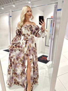 Sukienka długa hiszpanka rękaw kwiaty fiolet/biel