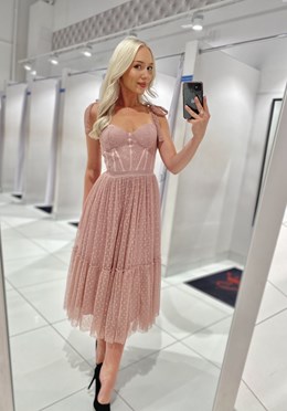 Sukienka midi tiulowa gorset groszki brudny róż