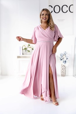 Sukienka długa rękawek ozdobny pasek pudrowy róż