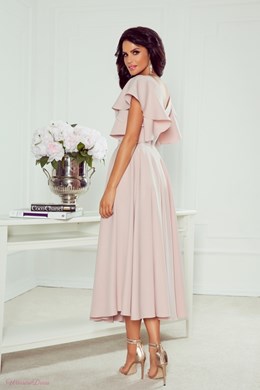 Sukienka midi falbana rękaw brokat pudrowy róż