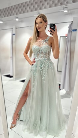 Sukienka długa asymetria tiul brokat szałwia