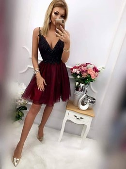 Sukienka krótka tiul kamyczki bordo/czarny