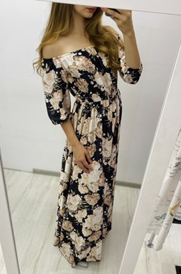 Sukienka długa długi rękaw beżowe róże czerń