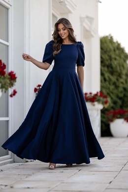 Sukienka długa 3/4 rękawek wiązanie plecy granat