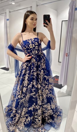 Sukienka długa balowa brokatowe kwiat granat/złoto