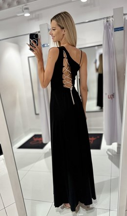 Sukienka długa asymetria wiązanie plecy czerń