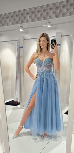 Sukienka długa gorset tiul brokat koraliki jeans