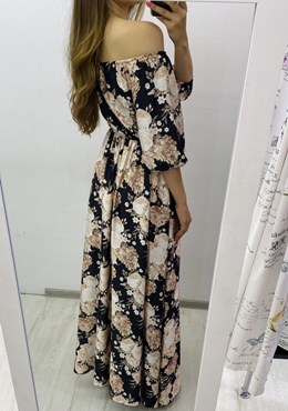 Sukienka długa długi rękaw beżowe róże czerń