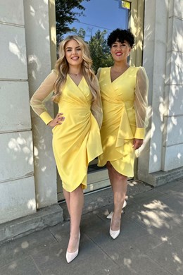 Sukienka krótka siateczka rękaw falbanka żółta