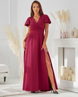 Sukienka długa rękawki dekolt bordo