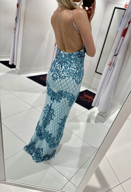 Sukienka długa ramiączka plecy cekin błękit