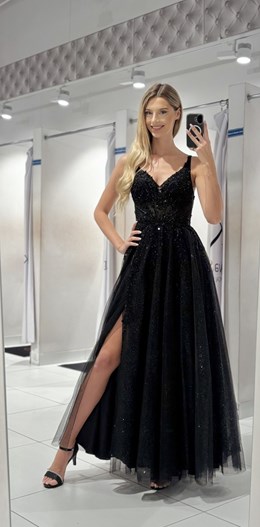 Sukienka długa gorset zdobienie tiul czerń