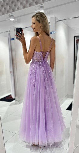 Sukienka długa gorset kwiaty haft brokat lila