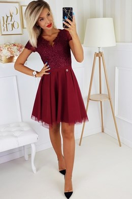 Sukienka krótka koronka rękawek bordo