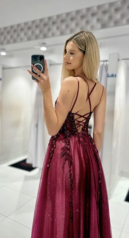 Sukienka długa gorset tiul brokat burgund/krem