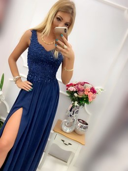 Sukienka długa gorset prześwity granat