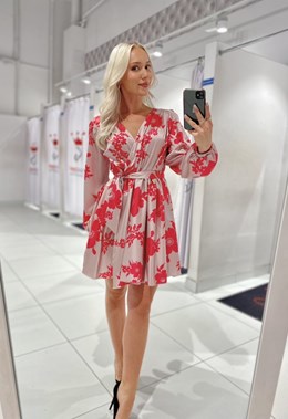 Sukienka krótka koszulowa rękaw kwiaty beż/róż