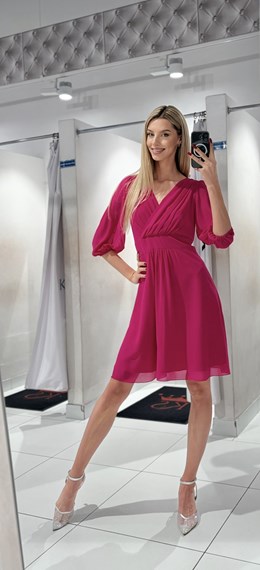 Sukienka krótka rękaw pas magenta