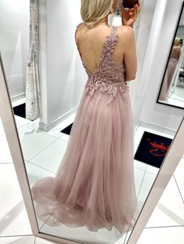 Sukienka długa koronkowy gorset tiul wrzos