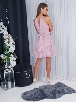 Sukienka krótka wiązanie szyja tiul wrzos