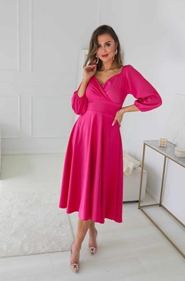 Sukienka midi rękawek 3/4 pas fuksja