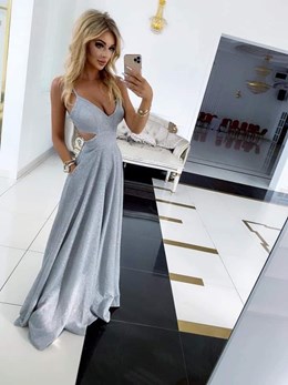 Sukienka długa z wycięciami wiązana brokat szary