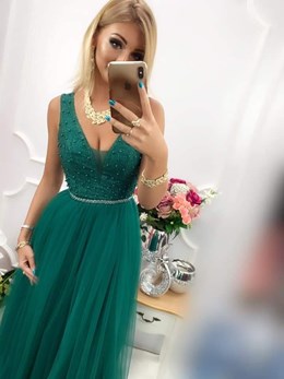 Sukienka długa tiulowa ozdobna góra zielony