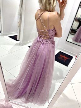 Sukienka długa tiul koronka wiązanie tył lila