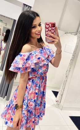 Sukienka krótka hiszpanka kwiaty róż/błękit