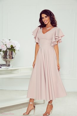 Sukienka midi falbana rękaw brokat pudrowy róż