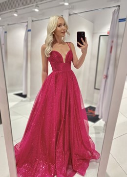 Sukienka długa wiązane plecy gorset brokat fuksja