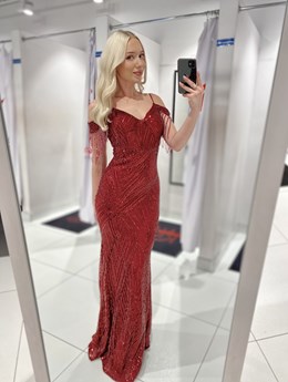 Sukienka długa cekiny rękawek koralik bordo