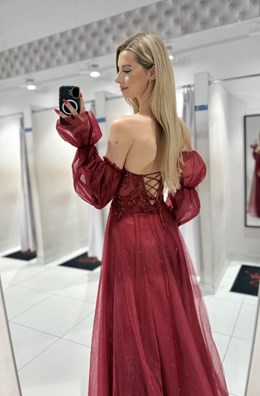 Sukienka długa gorset wiązanie rękawki bordo