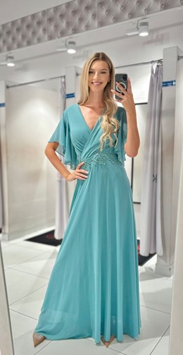 Sukienka długa rękawek motyl haft pistacja