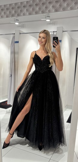 Sukienka długa perełki gorset wiązanie tiul czerń