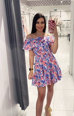 Sukienka krótka hiszpanka kwiaty róż/błękit