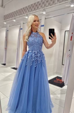 Sukienka długa tiul koronka na szyję niebieski