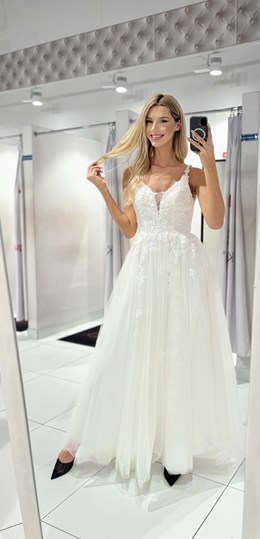 Sukienka długa tiul ramiączka koronka biel