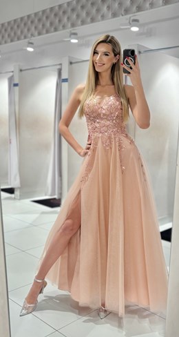 Sukienka długa gorset zdobienie tiul brzoskwinia