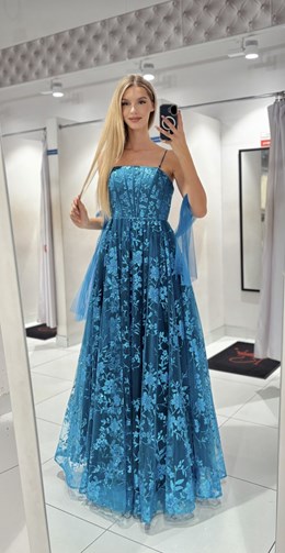 Sukienka długa balowa brokatowe kwiaty turkus