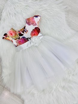 Sukienka dziecięca kwiaty na górze tiul biel