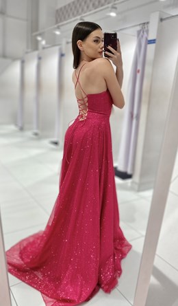 Sukienka długa gorset wiązanie plecy brokat fuksja