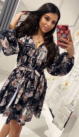 Sukienka krótka długi rękaw kwiaty całość czarny