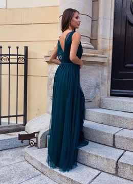 Sukienka długa tiul głęboki dekolt zielony