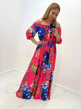 Sukienka długa długi rękaw kwiaty róż/granat