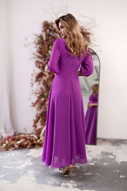 Sukienka długa rękaw pas fiolet