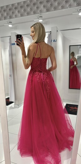 Sukienka długa asymetria tiul brokat fuksja