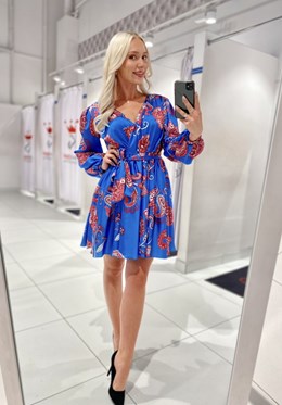 Sukienka krótka koszulowa rękaw wzór chaber