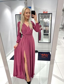 Sukienka długa brokat na długi rękaw jagoda